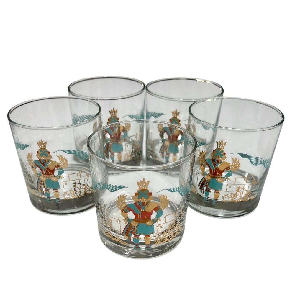 Set 5 Vintage Couroc Hopi Kachina Lowball Glasses Barware MCM Cocktail Tumblers